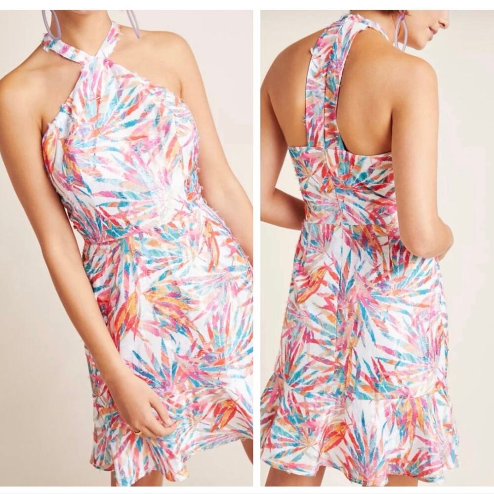 Anthropologie Hutch Maui Halter Dress 4 Womens Tropical Mini Flounce Palm Leaf